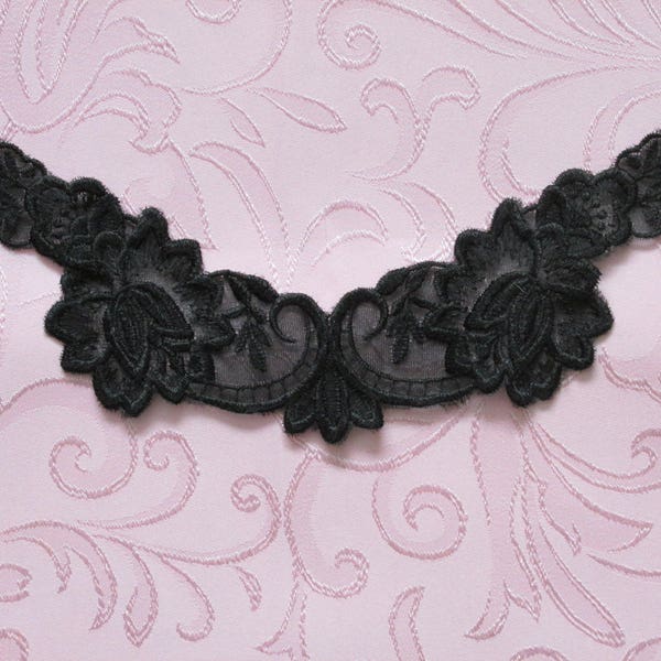 Lovely Applique Black Victorian Lace Neckline 10" x 3 1/2" Unique V-neck