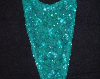 Sheer Teal Green Beaded Sequined Neckline Applique 16.5" x 8" Inset Formal Evening Wear Costume Glitz Aqua