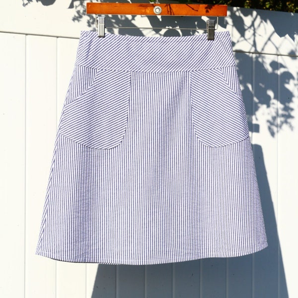Cotton A-Line Skirt with Pockets, Seersucker Mini Stripe Navy/White, Custom Made, You Choose Fitted, Comfy, Loose