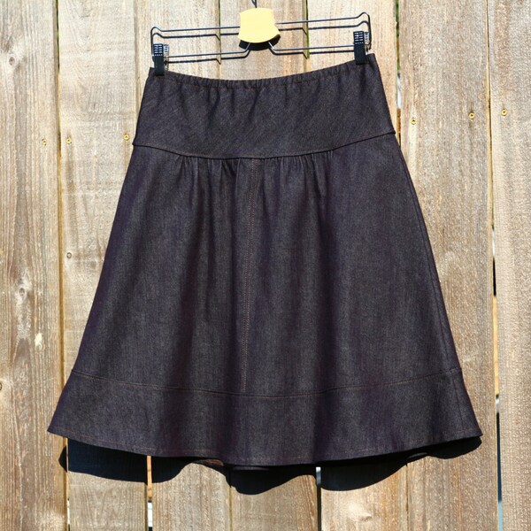 Dark Denim Semi Gathered skirt, A-line Skirt, Jean Skirt, Made to order in all lengths, and sizes Petite to Plus