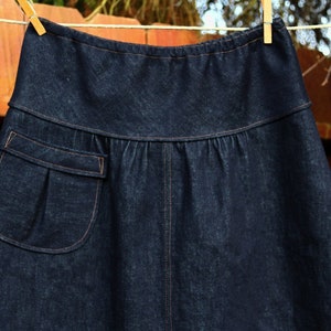 Dark Denim Semi Gathered skirt with a Pocket, A-line Skirt, Jean Skirt, Custom made in all lengths and sizes Petit to Plus