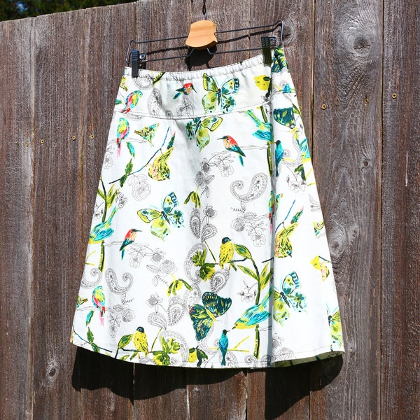 Joie de Vivre A Line Skirt, Henna Motifs, Birds, Butterflys, and paisleys, Simple A-Line Skirt, Custom Made in All Sizes, and Lengths
