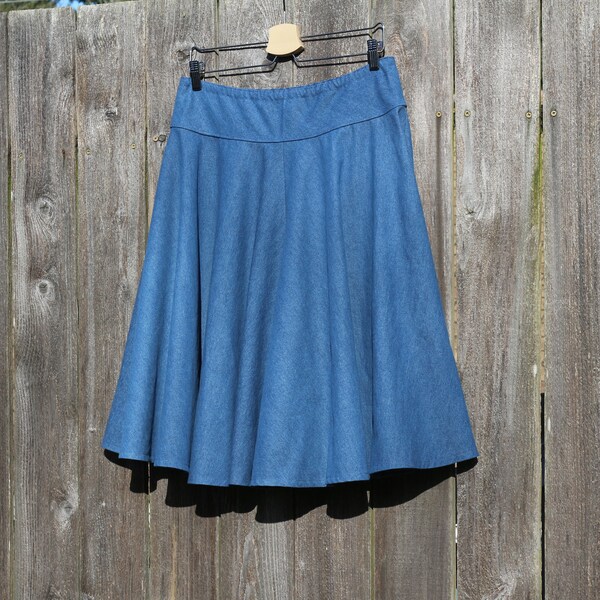 Light Denim Full Circle Skirt, Denim 6.5 oz in Lt Indigo, Medium Weight Denim, Custom Made in ALL lengths and sizes from petite to plus