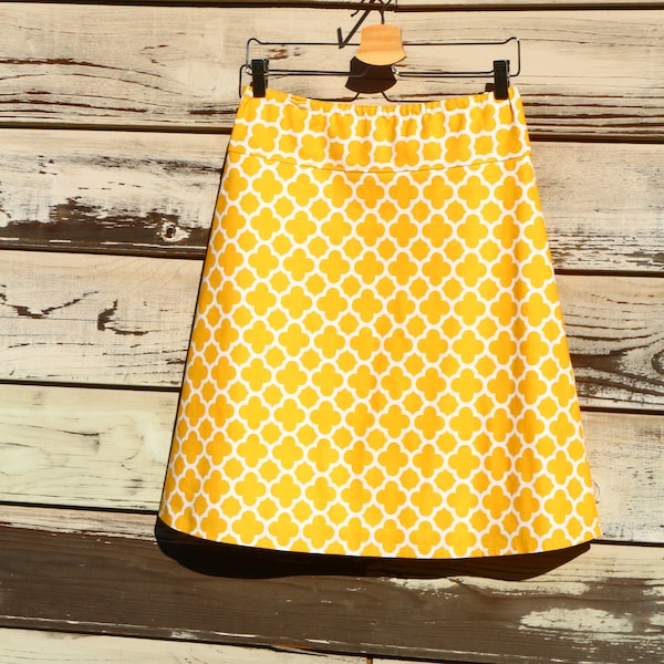 A Line Skirt, Geometric Quatrefoil in Mustard, Custom Made, Custom Made in ALL lengths and sizes petite to plus