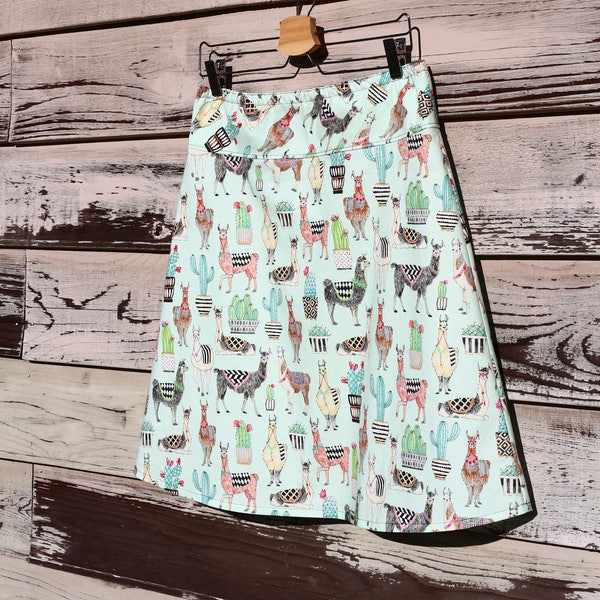 Llamas Skirt, llamas, succulents, and bold, modern, geometric, prints, Simple A-line, Custom made in all sizes, and lengths