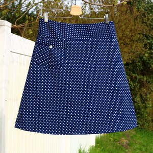 Polka Dot Skirt, Skirt with pockets, Navy Blue and white polka dot skirt, Simple A line Skirt, Custom made in all sizes, and lengths