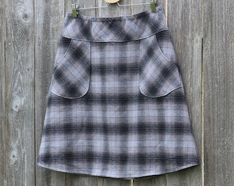 Plaid Flannel Skirt: Gray Black A-Line with Pockets