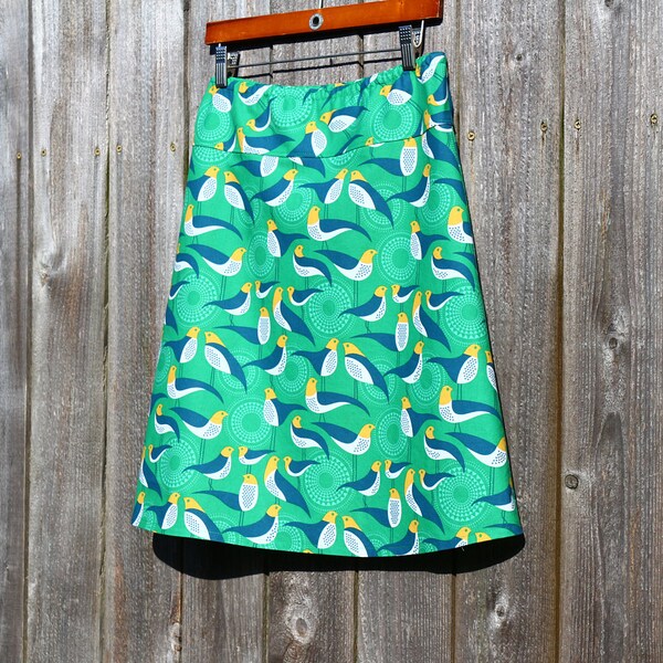 Mod Bird Skirt, Green and Yellow skirt, LAST ONE, Size Small, Simple A-line