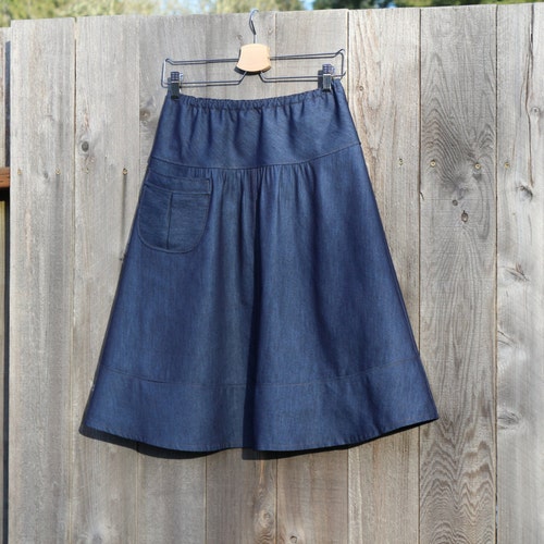 Dark Denim Semi Gathered Skirt With a Pocket A-line Skirt - Etsy