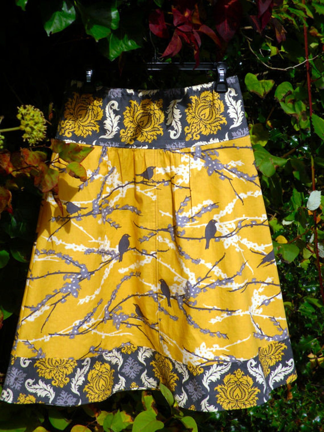 A-line Skirt Mustard Yellow and Gray Sparrows and Damas - Etsy