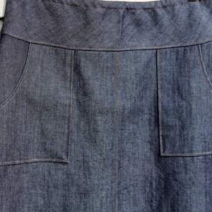 Dark Denim Jean skirt, Square Apron pockets, A-line, Customizable length, plus sizes, Custom Made to your Measurements and desired Fit.