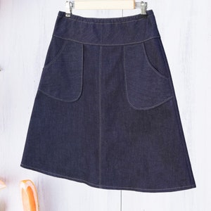 Dark Denim Jean skirt, Round Apron Pockets, A-line, Customizable length, plus sizes, Custom Made to your Measurements and desired Fit.