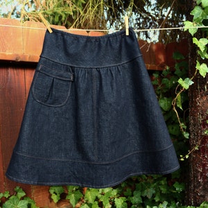 Dark Denim Semi Gathered skirt with a Pocket, A-line Skirt, Jean Skirt, Custom made in all lengths and sizes Petit to Plus