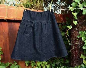 Dark Denim A-Line Skirt: Semi Gathered Jean Skirt with Pocket