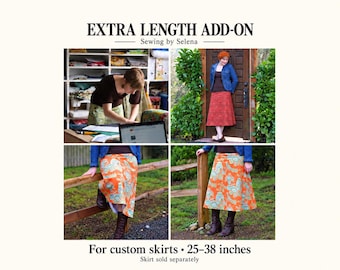 May include: A collage showing an extra length add-on for custom skirts, measuring 63.5-96.5 cm. The images feature a person sewing and wearing an orange skirt with a teal floral pattern, paired with a brown top and blue denim jacket.