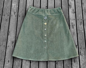 Olive Green Corduroy Button Skirt, Custom Made 100% Cotton