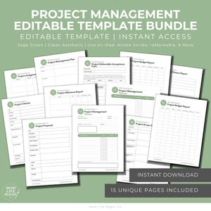 Peut inclure: Un ensemble de modèles de gestion de projet en vert sauge et blanc. Les modèles comprennent des plans de projet, des rapports budgétaires, etc. Le texte de l'image indique "Project Management Editable Template Bundle".