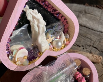 Handmade Mini Aphrodite Altar Kit: Heart Box with Crystals & Statue