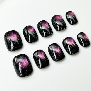 Paznokcie żelowe Aurora Galaxy Cat Eyes | Naciśnij na gwóźdź | Paznokcie w 100% ręcznie robione | Sztuka Paznokci | Sztuczne Paznokcie | Krótkie, średnie, długie, okrągłe paznokcie