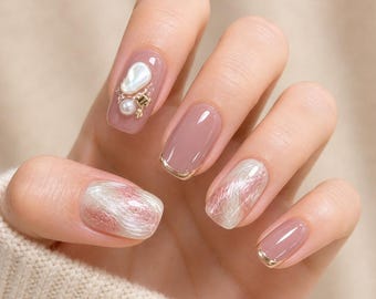 Luxury Abstract Mixed Brown Blue and Yellow Press On Nails, Handmade Nails, Nails Art, Fake Nails, Jelly nails , Short Square Shape Nails