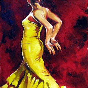 Ölgemälde Flamenco Hitze, Tänzerin in mittlerer Drehung, kräftige rote Leinwand, leidenschaftliche Kunst