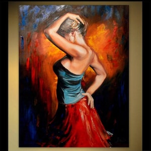 Flamenco Tänzerin im Roten Kleid, Leidenschaftlicher Tanz Ölgemälde, Spanische Frau Wandkunst | Handgemalt auf Leinwand und fertig zum Aufhängen