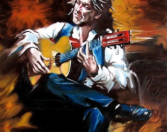 Pintura a óleo sobre tela de músico, guitarrista, arte de parede