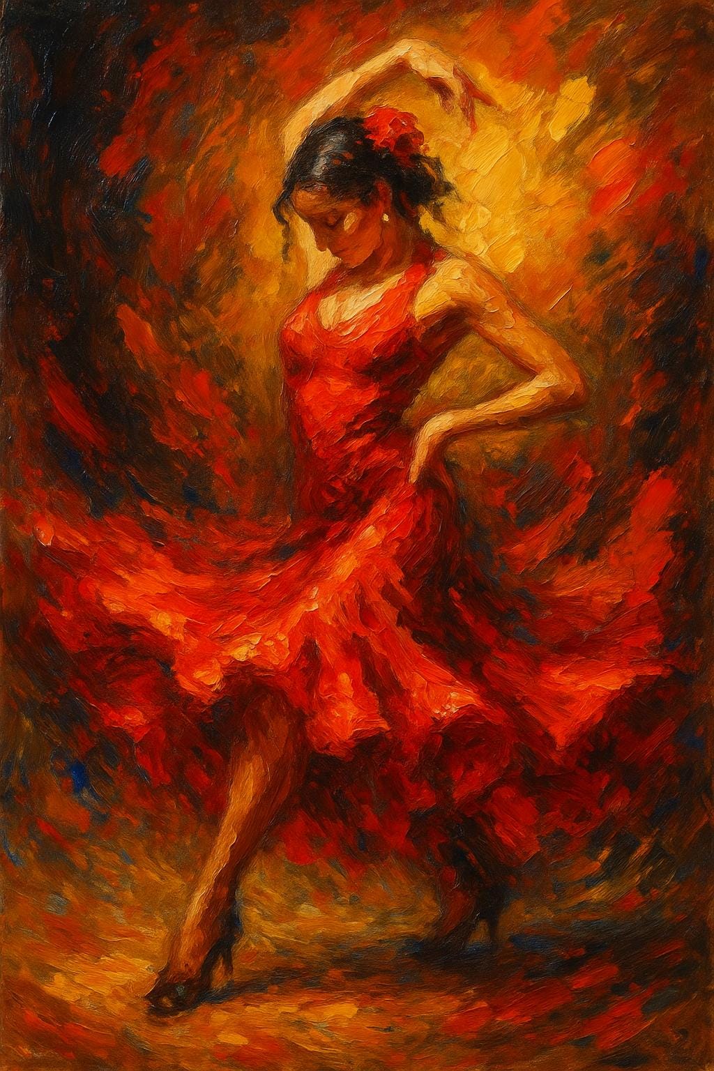 【絵画】油絵 フラメンコ 女性 油絵「フラメンコの熱気、回転中の女性ダンサー」、大胆な赤い