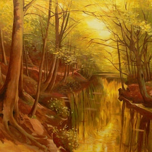 Painting forest lake river landscape  Hand painted wall art oil canvas
