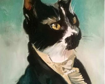 Retrato de gato personalizado, pintura al óleo pintada a mano sobre lienzo.