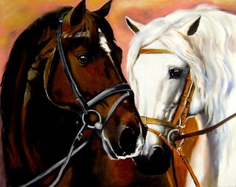 Original Oil Painting of Two Horses, Romantic Wall Art