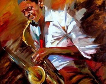 Abstract schilderij jazzvibes, saxofonist in beweging, rijke olietextuur, cadeau muziekliefhebber