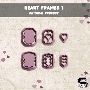 Könnte beinhalten: Ein Set aus sechs herzförmigen Ausstechern in Mauve. Die Ausstecher haben verschiedene Designs, darunter Vollherzen und Herzrahmen. Der Text "HEART FRAMES 1 PHYSICAL PRODUCT" ist oben im Bild zu sehen.