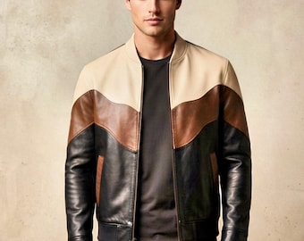 Giacca bomber da uomo in vera pelle bovina, alla moda, stile retrò vintage, capospalla di design.