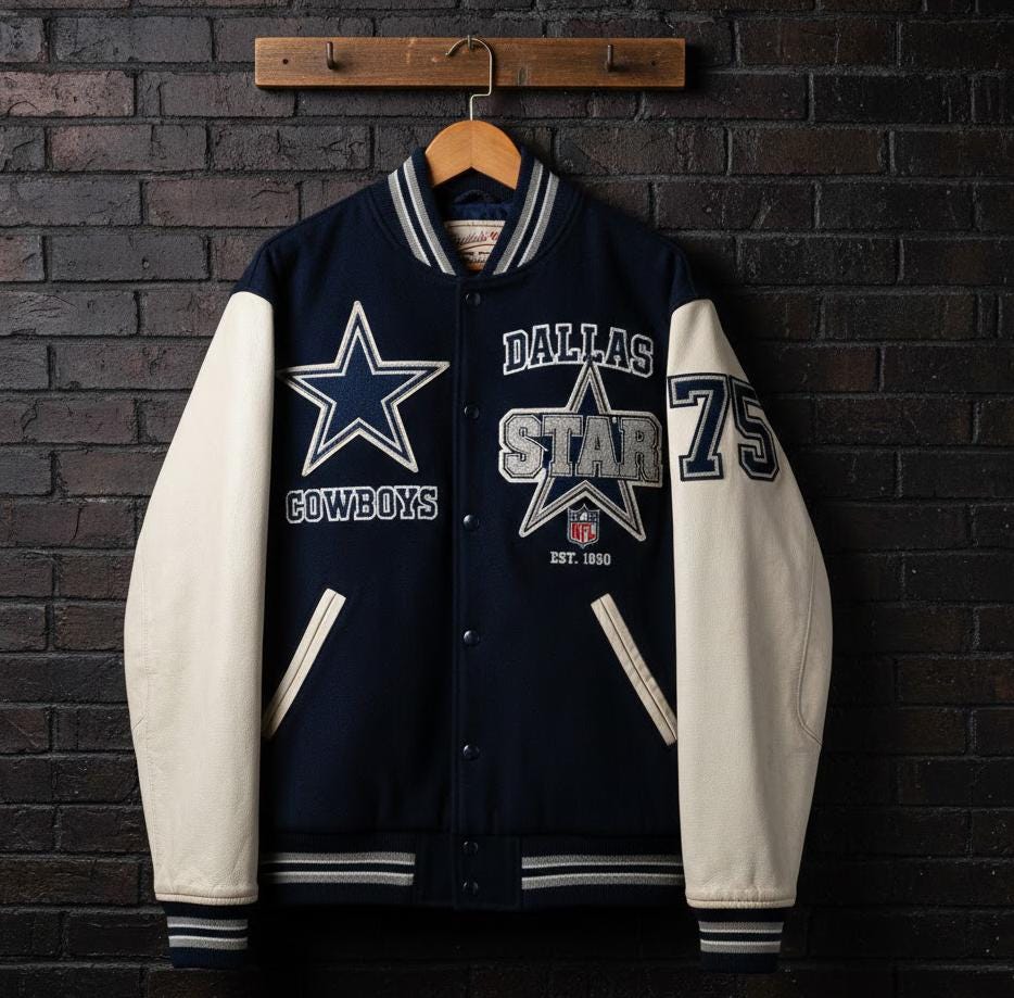 Discover Vintage Dallas Cowboys Navy Wool & Leather Varsity Jacket