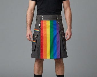 Falda escocesa utilitaria del Orgullo LGBTQ - Falda cargo con pliegues arcoíris - Ropa táctica para eventos del Orgullo