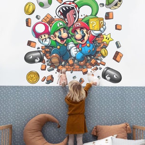 Wall Crack Mario Wall Decal Luigi Wall sticker Piranha Plant Wall mural Super mario Wall Art Wall Decal for kid Room Decor boy Room decor