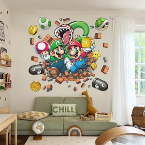 Wall Crack Mario Wall Decal Luigi Wall sticker Piranha Plant Wall mural Super mario Wall Art Wall Decal for Boy Room Decal Kid Room decal