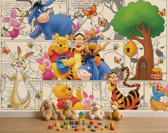 Papel pintado vintage de Winnie The Pooh, arte de pared de Winnie, pegatina de pared de cerdito, mural de pared de Winnie 3D, calcomanía de pared para habitación de niños, decoración de habitación infantil