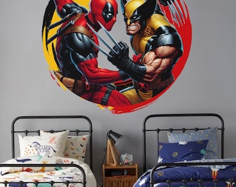 May include: A black and white circular wall decal featuring Deadpool and Wolverine in a fighting pose. The background is a red and yellow yin yang symbol.