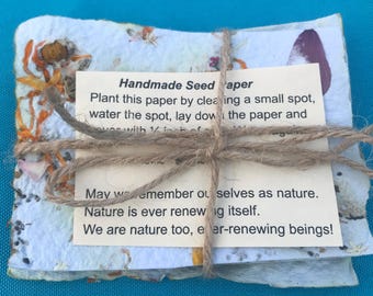 May include: Handmade seed paper tied with twine. The paper has a light blue background with dried flowers and a purple petal. The text on the paper reads: "Plant this paper by clearing a small spot, water the spot, lay down the paper and..."