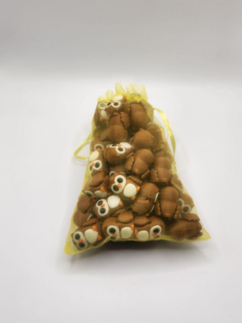 May include: A yellow organza bag filled with brown owl-shaped erasers.