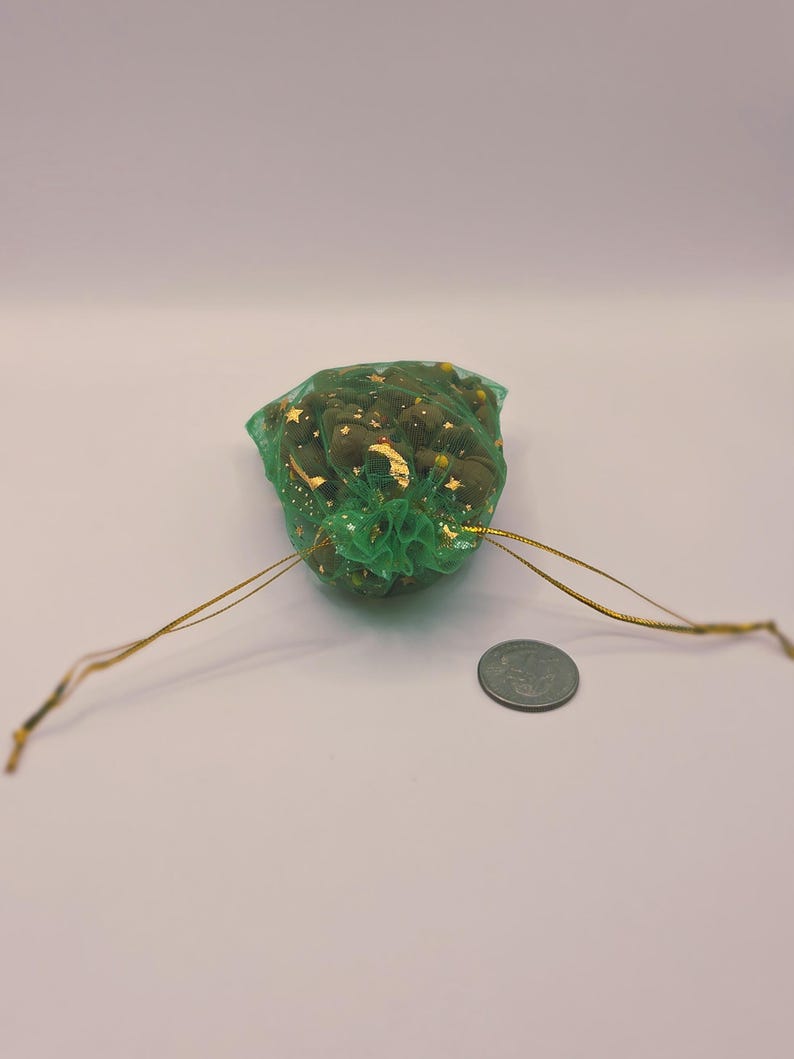 May include: A small green mesh bag filled with small, round, dark green objects and gold accents. The bag is tied with gold string and sits next to a coin on a white surface.