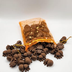 May include: A brown mesh bag filled with small brown spider-shaped charms. The bag is spilling out the charms onto a white surface.