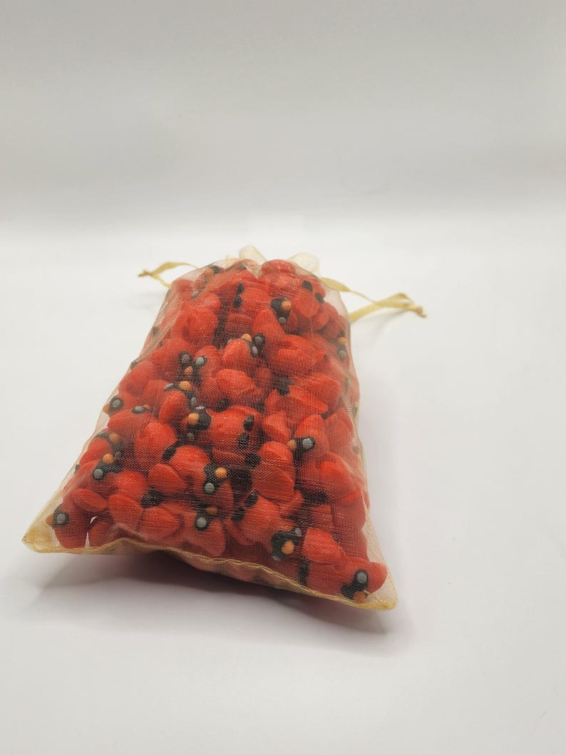 Pu&ograve; includere: Un piccolo sacchetto di rete dorata trasparente pieno di perline rosse e nere a forma di fiore.