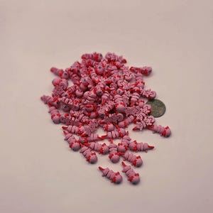 May include: A pile of small, pink axolotl-shaped charms with red accents. The charms are scattered on a white surface, with a coin visible for scale. The axolotls have detailed features, including tiny legs and gills.