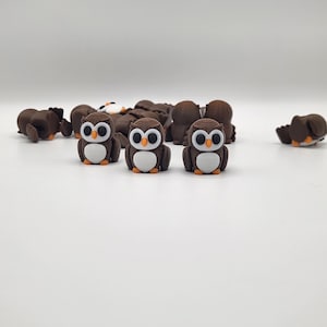 May include: A group of brown owl-shaped charms with white eyes and orange beaks. The charms are made of a soft, pliable material and are perfect for adding a touch of whimsy to any project.