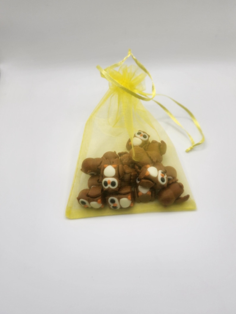 May include: A yellow organza bag filled with brown owl-shaped erasers. The owls have white eyes and black pupils.