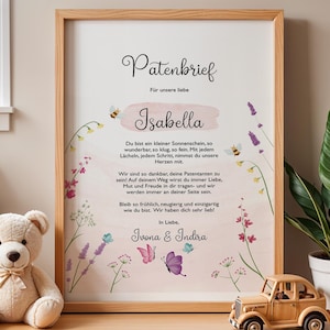 Patenbrief Taufe, individualisierbar,  Geschenk für Patenkind, Baby Poster, auch PDF A4, Blumen und Schmetterlinge