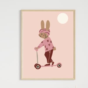 Geschenk für Kinder Tier Poster, Rollerfahrender Hase, Kunstdruck, Wandbilder Kinderzimmer Wandkunst, Scooter Love, Kunstgeschenk, rosa Bild